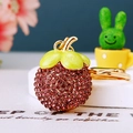 Mangosteen keychain with purple rhinestones and green enamel on a golden metal ring - Single OPP Bag Packaging / Full Rhinestone Mangosteen