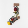 Sheer glass silk crew socks with floral plaid pattern and contrasting heel and toe - One Size / Pine Cone