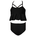 Bikini noir deux pièces pour filles avec ourlet volanté et bretelles croisées - 104 / Ensemble Haut à Volants Noir et Bas Simple