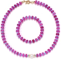 Bohemian jewelry set with rose red crystal beads, blue spacers and a white pearl accent - Style 35 Necklace and Bracelet Set (6mm)