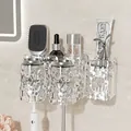 Set porta spazzolino a parete con due bicchieri trasparenti e distributore automatico - Argento Trasparente 2 Bicchieri + Distributore Dentifricio + Fiocco + Coniglio