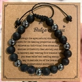 Men's beaded bracelet with matte black onyx, hematite stones and crown charm detail - Hematite Matte With Card Style