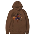 Brown Halloween hoodie for men and women featuring a witch and pumpkin graphic print - Coffee
