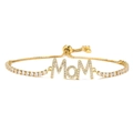 Detailed view of gold MOM letter bracelet with micro-paved zircons and adjustable slider - Pave MOM