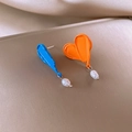 Unique colorful drip paint earrings in blue and orange with hanging pearl charms - 69# Silver Earring Post - Blue Orange Oil Drop Marble Pearl
