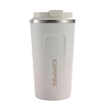 White stainless steel coffee mug with matching plastic lid and vertical coffee lettering - 380ml / Plain Style / White