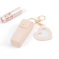 Pink leather lipstick pouch with heart mirror and golden keychain hook - No Logo Pink