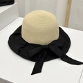 Cappello di paglia beige con grande fiocco nero e tesa larga per protezione solare - S(54-56cm) / Nero (Cappello di paglia con fiocco patchwork 29)