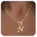 Gold paperclip chain necklace with a toggle clasp and uppercase letter N pendant - Letter N