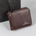 Deep brown leather trifold wallet with orange stitching and vintage zipper closure - Dark Coffee