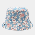 Detail of light blue floral bucket hat featuring cherry blossom patterns and stitched brim - Light Blue Base Pink White Sakura Style (29#色)