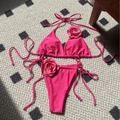 Vibrant pink bikini set with 3D floral accents and side-tie high-cut bottoms - Rose Red