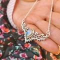 Exquisite hollow deer antler necklace with teardrop moonstone pendant in silver finish - Antique Silver