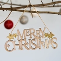 Wooden Merry Christmas ornament with gold glitter stars and hanging twine cord - Large / Natural Wood Color