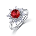 S925 silver sunflower ring with red circular center stone and adjustable open band - Adjustable / Lab-Grown Ruby