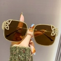 Fashionable square metal sunglasses for women with butterfly crystal decor and gradient lens - Transparent Tea