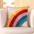 Rainbow tufted square throw pillow with colorful tassels on a white plush chair - Tufted-Rainbow Era (Cover Only) / 18x18 Inch