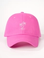 Detailed view of white palm tree embroidery on a rose pink cotton baseball cap - One Size / Bright Pink