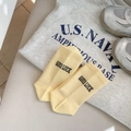 Light yellow mid-calf cotton socks with GOOD LUCK letter embroidery and ribbed texture - Yellow