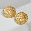 Macro detail of golden round earrings featuring a unique hammered water ripple texture - Lava Water Ripple Round Gold Stud Earrings (E809)