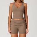 Taupe yoga set featuring V-neck slim tank top and high-waisted shorts with side drawstring - S / Top And Bottom / Sand Brown