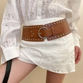 Detail of wide brown leather belt with silver rivets and metal ring buckle closure - Dark Coffee Rivet Wide Ring Pin Buckle Belt (60# Waist Chain-Dark Coffee-Wide)