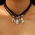 Black leather layered choker with silver western lucky charms like cowboy hat and cactus - Antique Silver Charms Black Leather Cord Necklace (03 A-141)