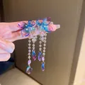 Detail of butterfly drop earrings with iridescent gradient wings and crystal tassels - Blue-Purple Gradient Butterfly Crystal Tassel Style with 925 Sterling Silver Earring Post (21#)