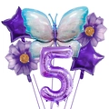Purple number 5 foil balloon set with butterfly and stars for 5th birthday party decor - Number 5 / Purple