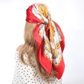 Red paisley satin hijab scarf 90x90cm with vintage patterns tied on hair - Red Paisley