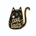 Cartoon enamel cat lady brooch in black metal with golden lettering and pink heart accents - Black Cat-Cat Lady