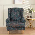 Elastic wingback chair cover featuring deep teal fabric with orange floral patterns - Teal Rose Floral