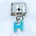 Italian modular bracelet link featuring a light blue enamel letter H charm in silver finish - Letter H