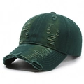 Distressed dark green baseball cap with ripped details and vintage washed denim finish - Adjustable / Dark Green