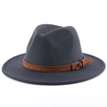 Dark grey wool fedora hat featuring a brown leather band with golden metal buckle - Dark Gray