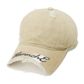 Macro detail of beige canvas baseball cap with vintage distressed edges and blue embroidery - M (56-58cm) / Khaki