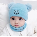 Light blue baby knitted winter set featuring a bear ear hat and matching scarf - One Size / Smiley Style / Blue