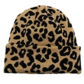 Knitted leopard print beanie hat in khaki and brown tones with a cuffed design - M (56-58cm) / Leopard Brown