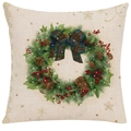 Linen Christmas pillow case featuring festive pine wreath with red berries and bow - 45*45cm (No Insert) / Style-19 (Plaid Bow Wreath)