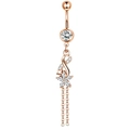 Rose gold navel ring with infinity flower design and dangling chains in zircon stones - Rose Gold Star