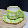 Handcrafted ceramic cup and saucer set featuring green and yellow checkered pattern - 250ML / Green Plaid