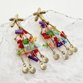 Macro shot of bohemian seashell starfish earrings with colorful beaded tassels - Multicolor (TZ-E0718-02-color)