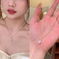 Silver-toned teardrop pendant necklace with sparkling zircon inlay for women - Teardrop Pave Setting Necklace (X1545) / Silver/Teardrop Pendant
