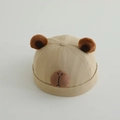 Close-up of beige cotton miki hat featuring cute plush ears and embroidered bear face - 48-50cm (6 Months-2 Years) / Light Khaki