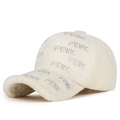 White faux fur lamb wool baseball cap with rhinestone FEWK lettering for women - Adjustable / White
