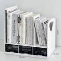 White desktop organizer with three black translucent drawers and vertical bookshelf tiers - Black