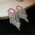 Pink square geometric earrings with long silver rhinestone tassels for party - 50# Silver Pin - Pink Rhombus Tassel