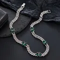 Silver Cuban link necklace with emerald green butterfly pendants and zircon stones - Necklace 20 inch (50cm) / Silver