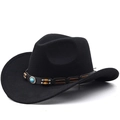 Classic black wool felt cowboy hat featuring turquoise bead band for men and women - M (56-58cm) Adjustable / Black
