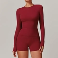Two-piece burgundy athletic set with long sleeve crop top and high waist slim shorts - Cherry Red
